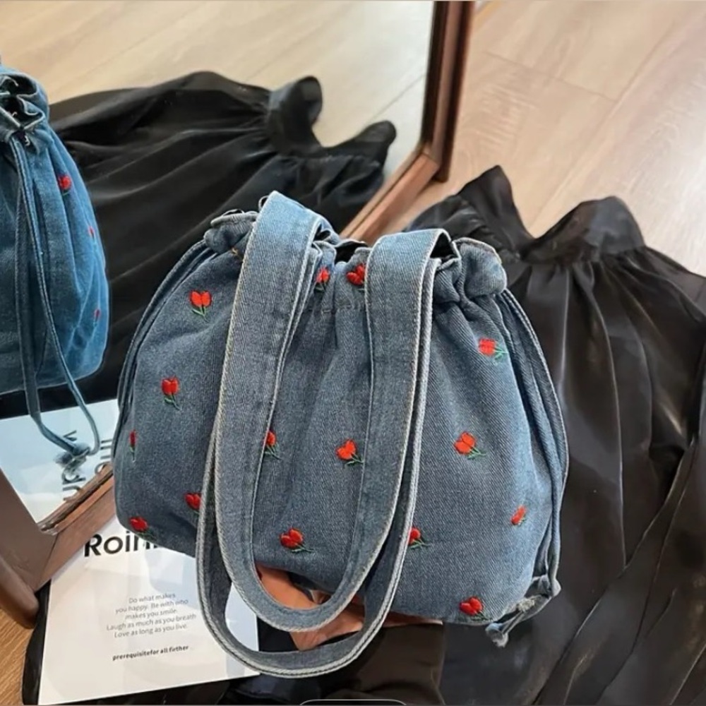 New!! Floral Embroidered Denim Drawstring Tote Bag